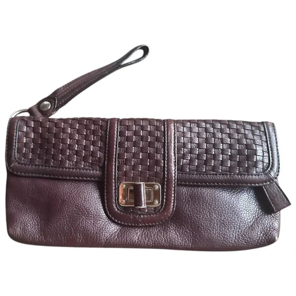 ELLIOTT LUCCA Leather brown Woven Envelope Rectangle Flip Handbag Clutch purse